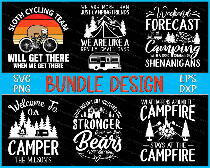 Collection of camping-themed designs with text and graphics on a black background.