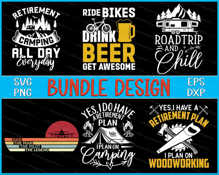 Collection of retirement-themed graphics with text and icons on a black background.
