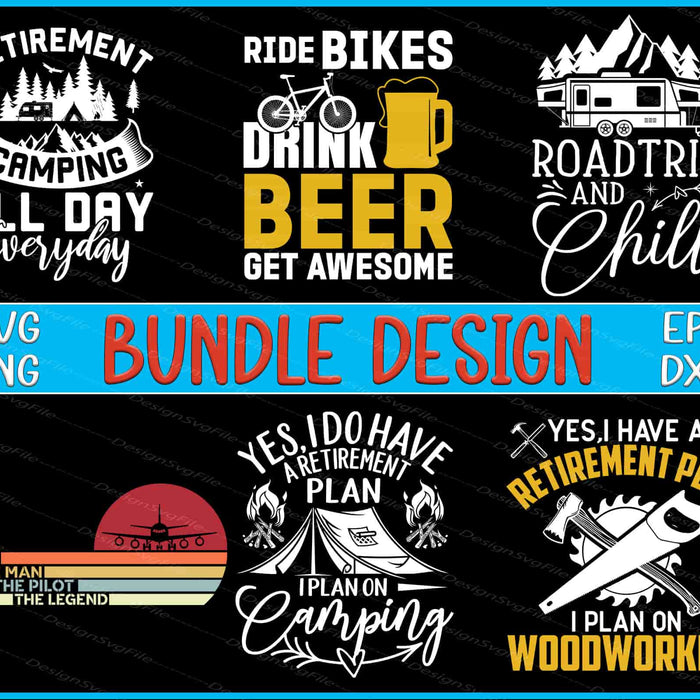 Collection of retirement-themed graphics with text and icons on a black background.