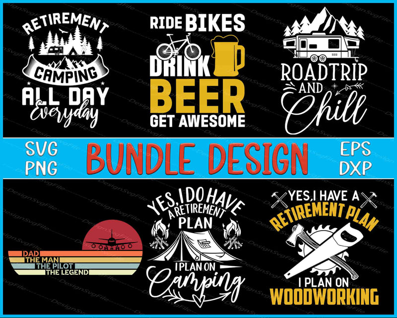 Collection of retirement-themed graphics with text and icons on a black background.