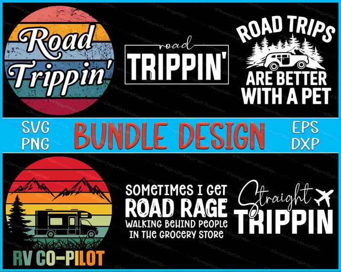 Collection of road trip-themed designs with text and graphics on a black background