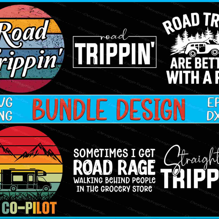 Collection of road trip-themed designs with text and graphics on a black background