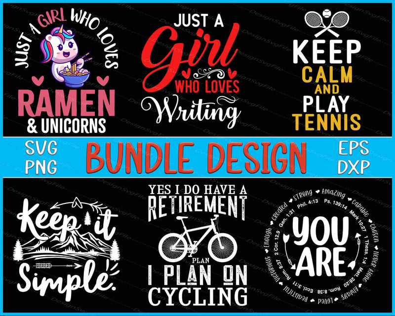 Collection of motivational and lifestyle-themed designs with text and graphics on a black background.
