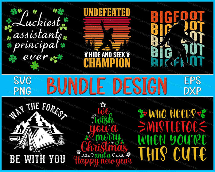 Collection of humorous and themed designs with text and graphics on a black background.