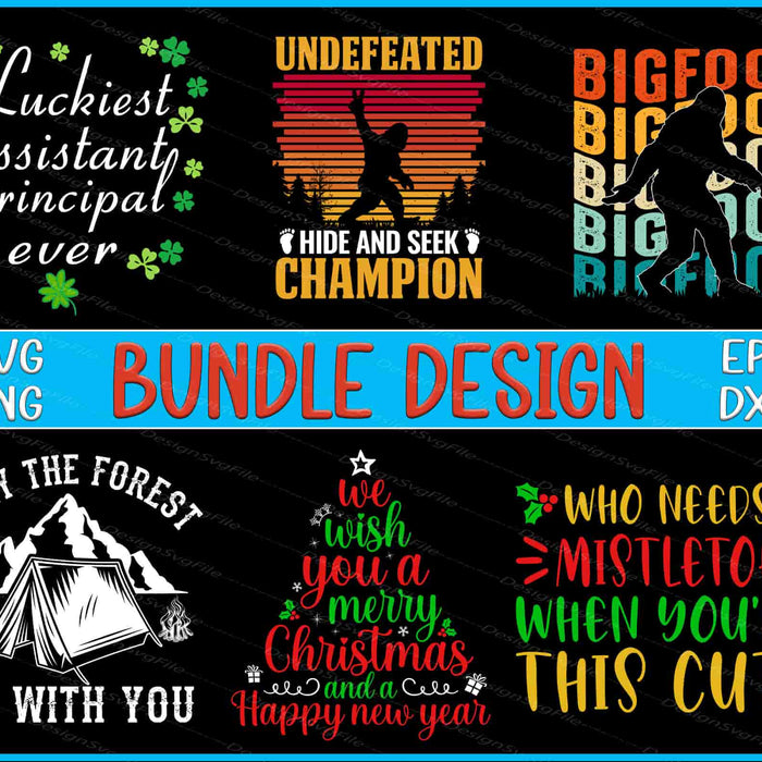 Collection of humorous and themed designs with text and graphics on a black background.