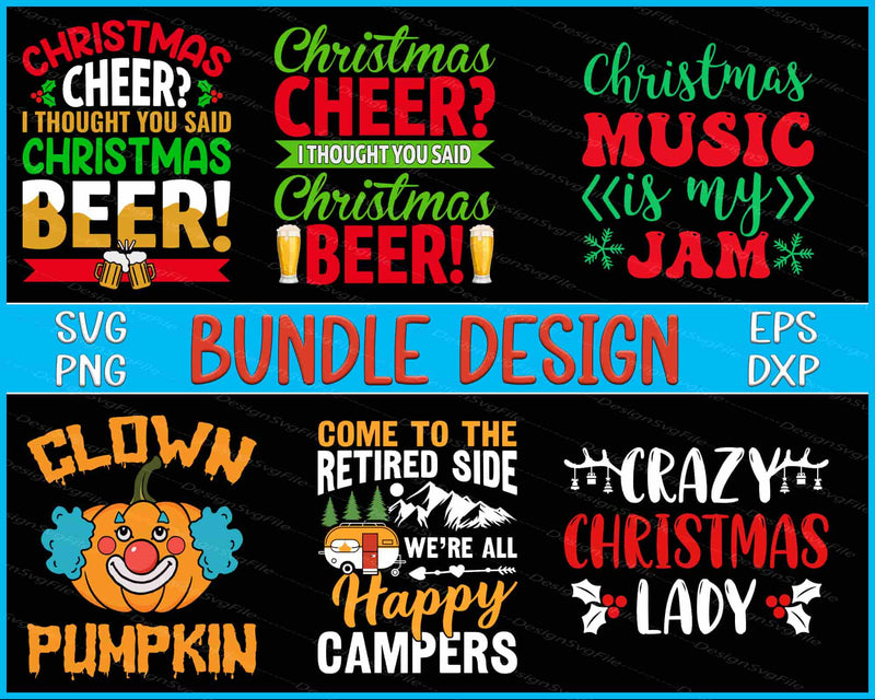 Collection of Christmas-themed designs with text and graphics on a black background.