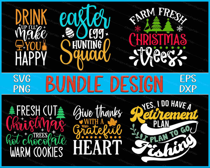 Collection of colorful text designs with various phrases on a black background, labeled as a bundle design.