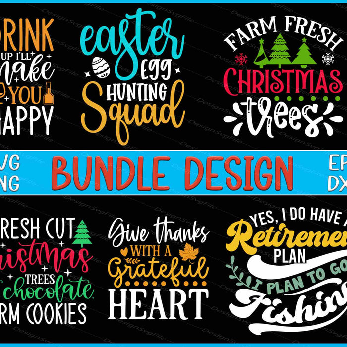 Collection of colorful text designs with various phrases on a black background, labeled as a bundle design.