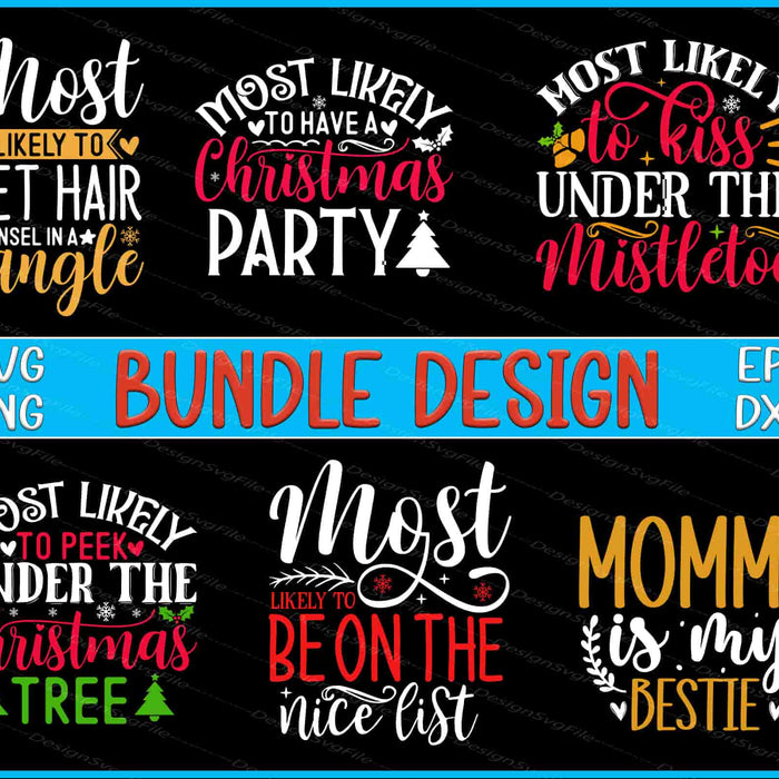Set of Christmas-themed SVG designs with colorful text on a black background.