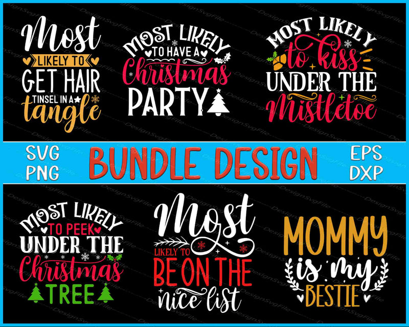 Set of Christmas-themed SVG designs with colorful text on a black background.