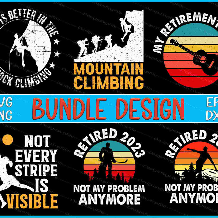 Collection of retirement-themed graphics with text and icons on a black background.