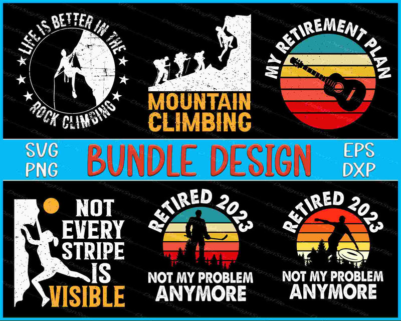 Collection of retirement-themed graphics with text and icons on a black background.
