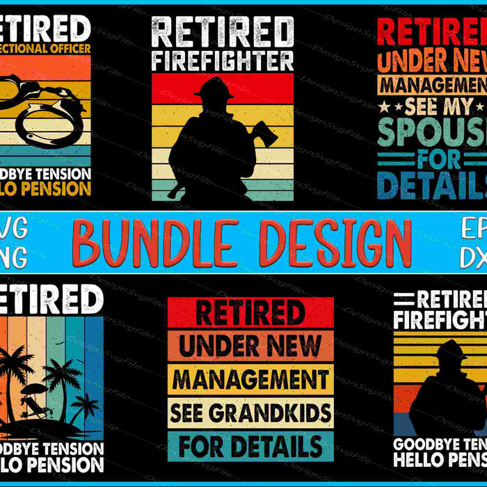 Collection of retired-themed graphic designs with text and icons on a black background.