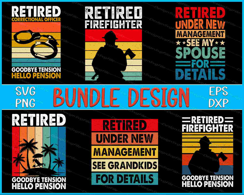 Collection of retired-themed graphic designs with text and icons on a black background.