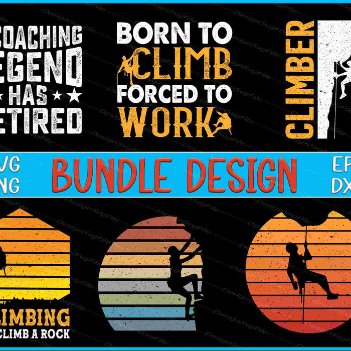 Collection of climbing-themed graphics and text on a black background