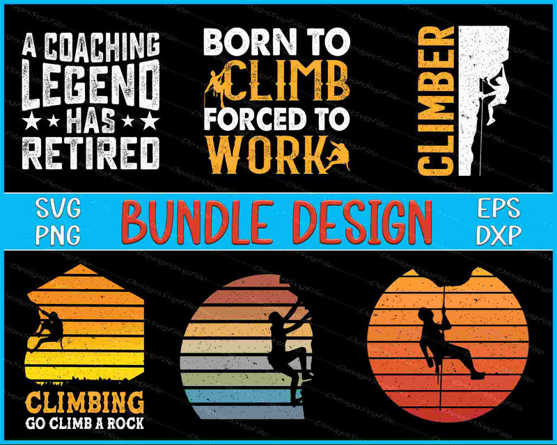 Collection of climbing-themed graphics and text on a black background