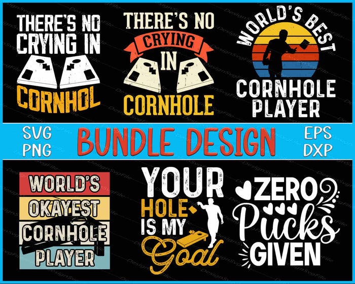 Collection of cornhole-themed designs with humorous text on a black background.