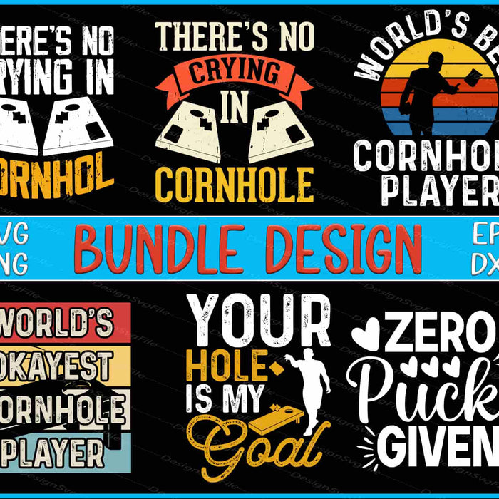 Collection of cornhole-themed designs with humorous text on a black background.