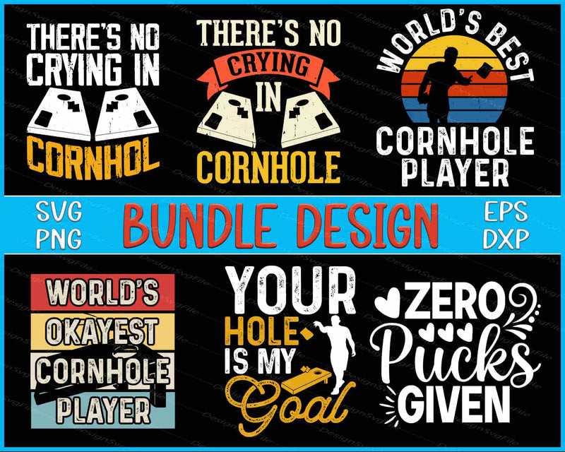 Collection of cornhole-themed designs with humorous text on a black background.