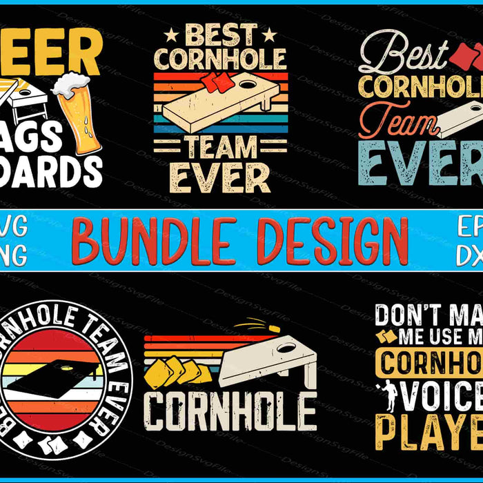 Collection of cornhole-themed graphics and text on a black background