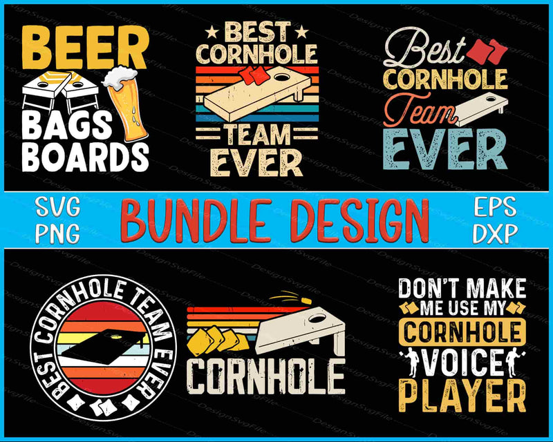 Collection of cornhole-themed graphics and text on a black background