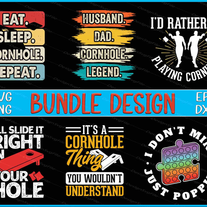 Collection of cornhole-themed designs with text and graphics on a black background.