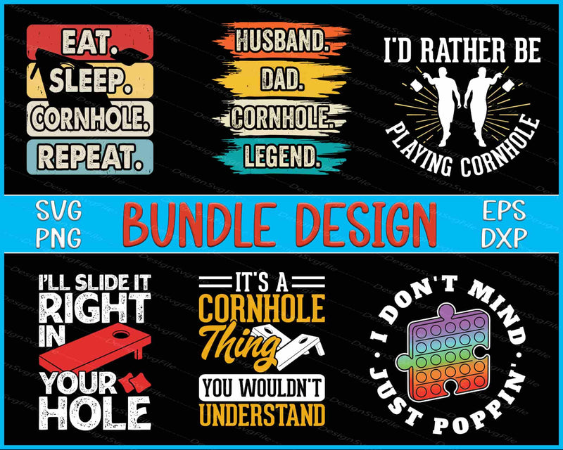 Collection of cornhole-themed designs with text and graphics on a black background.