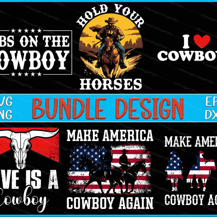 Collection of cowboy-themed designs with text and graphics on a black background.