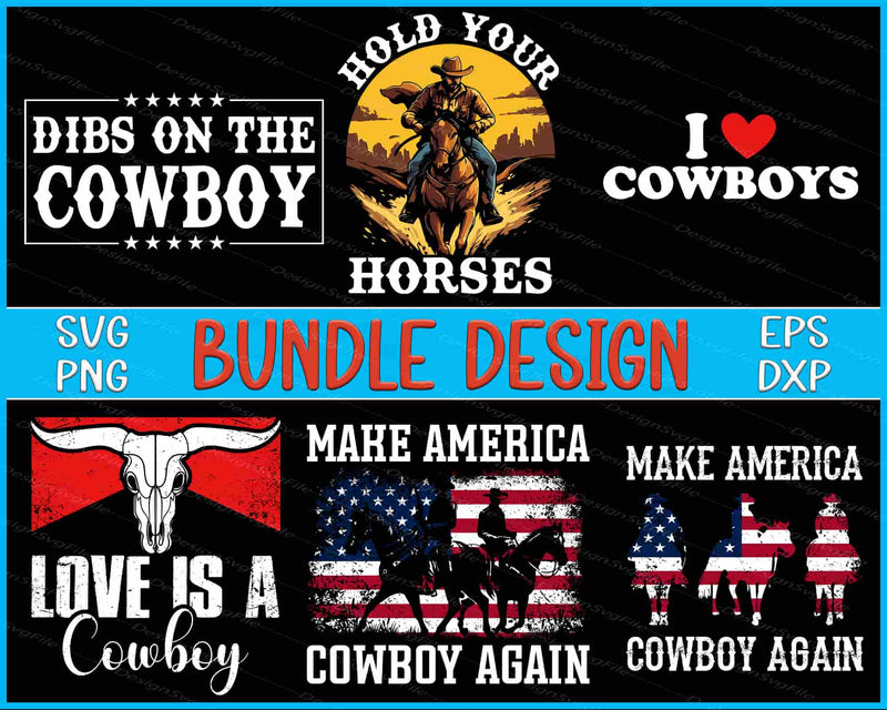 Collection of cowboy-themed designs with text and graphics on a black background.