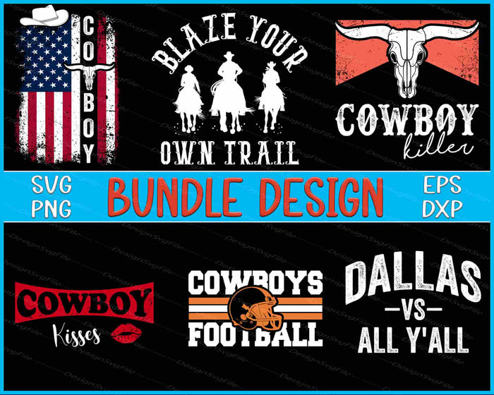 Collection of cowboy-themed designs with text and graphics on a black background.