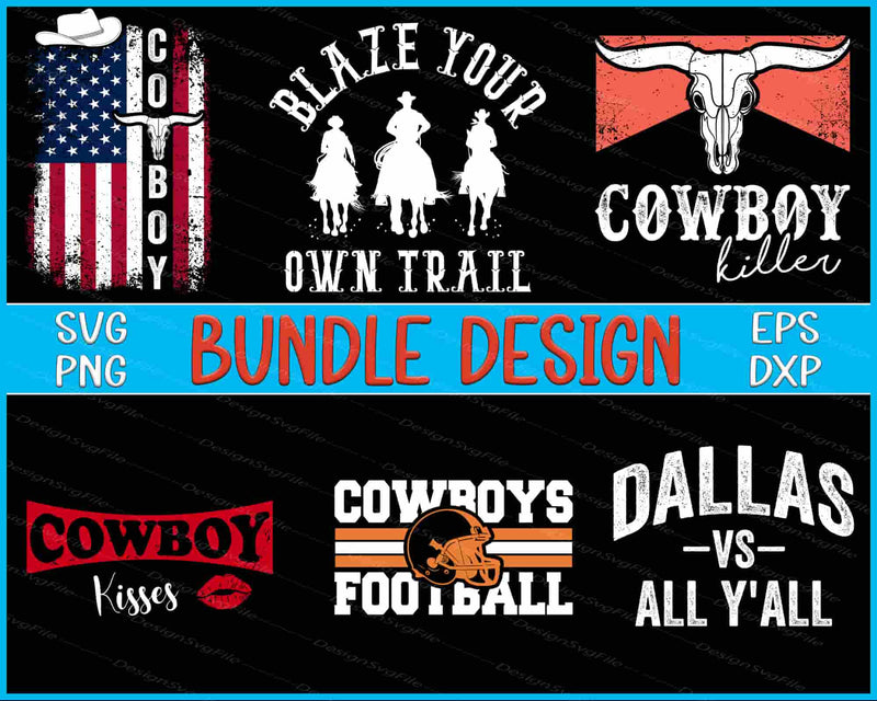 Collection of cowboy-themed designs with text and graphics on a black background.