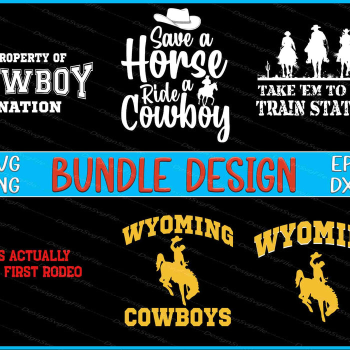 Collection of cowboy-themed designs with text and graphics on a black background.