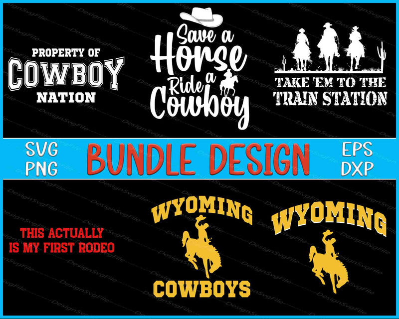 Collection of cowboy-themed designs with text and graphics on a black background.