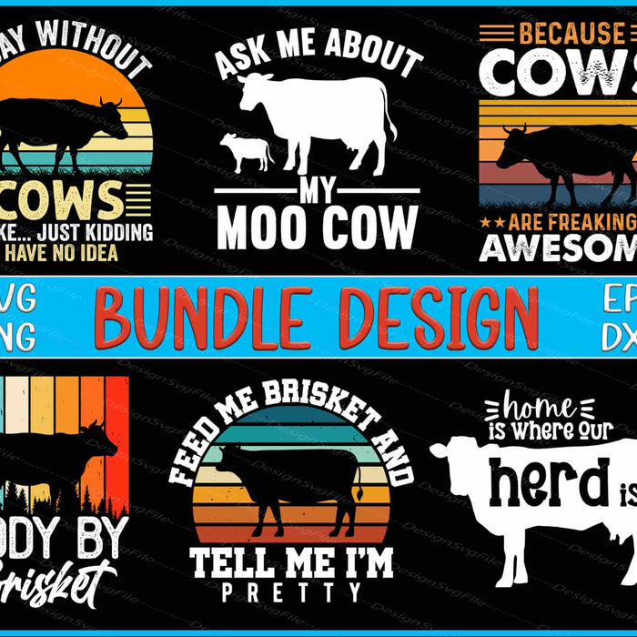 Collection of cow-themed designs with text and silhouettes on a black background.