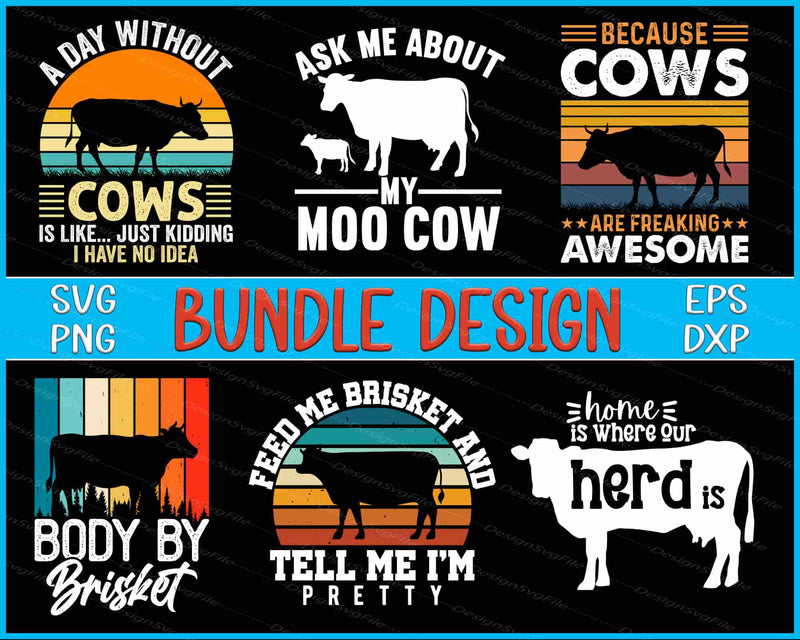 Collection of cow-themed designs with text and silhouettes on a black background.