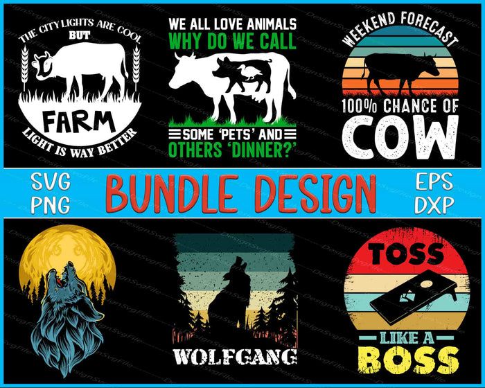 Collection of graphic designs with text and animal silhouettes on a black background.