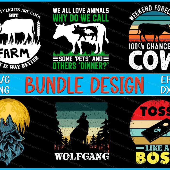 Collection of graphic designs with text and animal silhouettes on a black background.