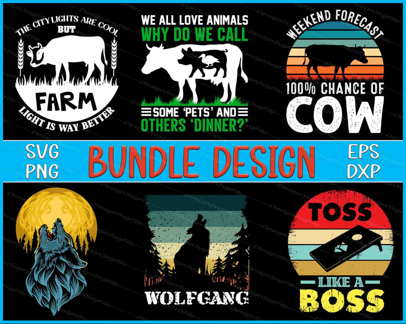 Collection of graphic designs with text and animal silhouettes on a black background.