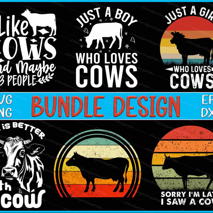Collection of cow-themed designs with text and silhouettes on a black background.
