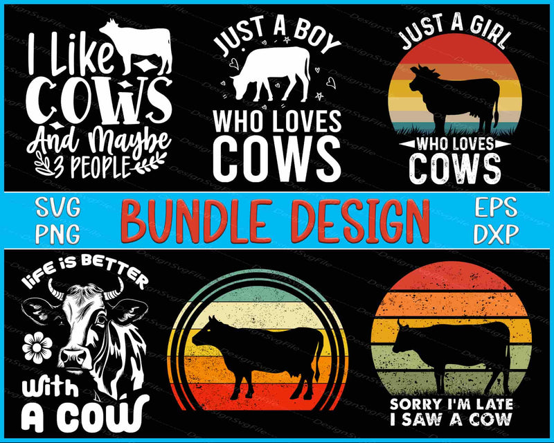 Collection of cow-themed designs with text and silhouettes on a black background.
