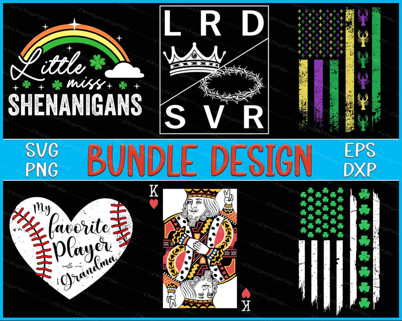 Collection of SVG designs including 'Little Miss Shenanigans', 'LRD SVR', and more on a black background.