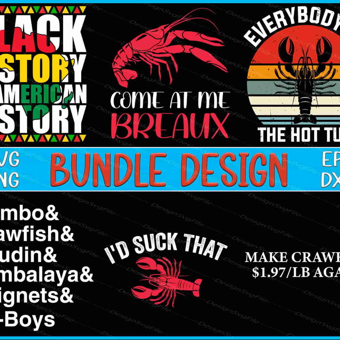 Collection of crawfish-themed designs and text on a black background