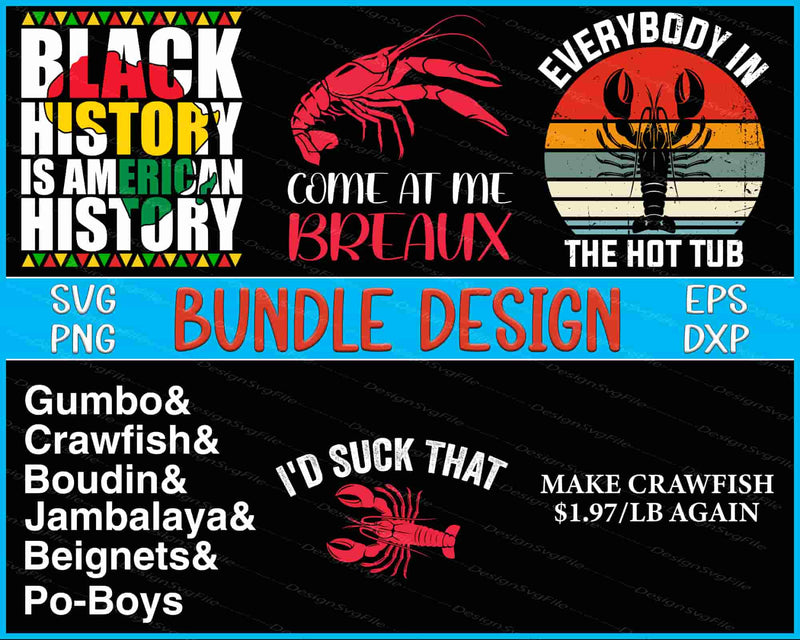 Collection of crawfish-themed designs and text on a black background