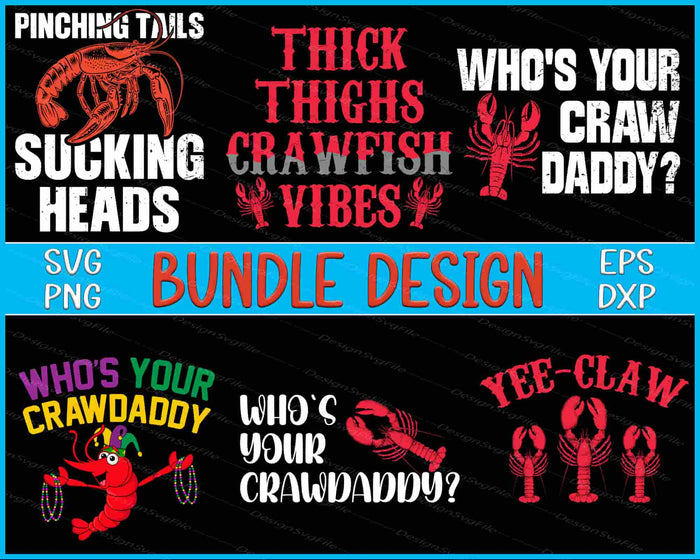 Collection of crawfish-themed designs with text and graphics on a black background.