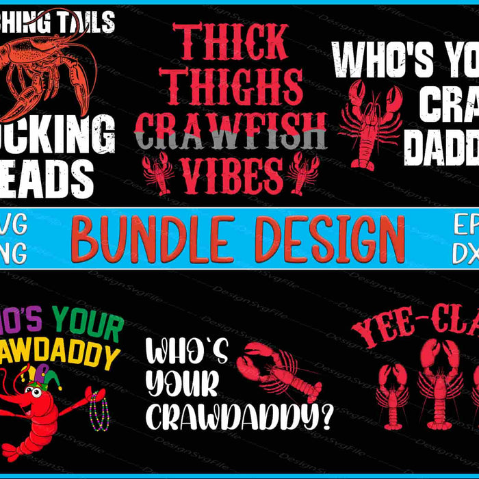 Collection of crawfish-themed designs with text and graphics on a black background.