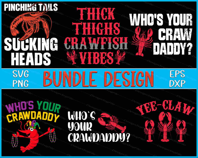 Collection of crawfish-themed designs with text and graphics on a black background.