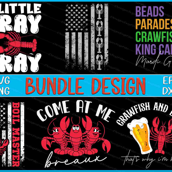 Collection of crawfish-themed graphics and text on a black background with colorful accents.