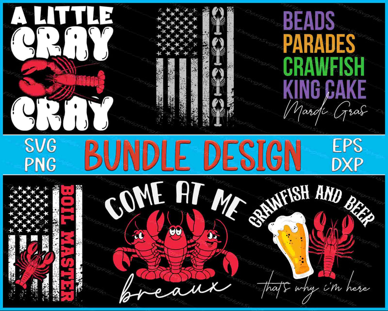 Collection of crawfish-themed graphics and text on a black background with colorful accents.