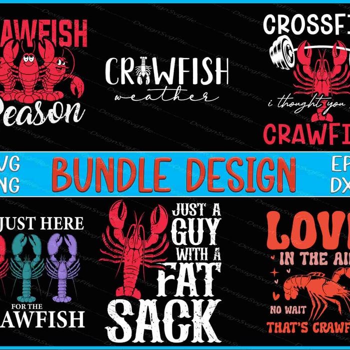 Collection of crawfish-themed designs with text and graphics on a black background.