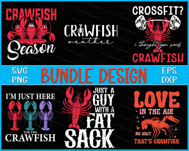 Collection of crawfish-themed designs with text and graphics on a black background.